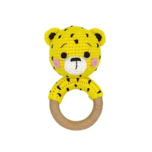 Πλεκτή κουδουνίστρα με μασητικό κρίκο-λεοπάρδαλη