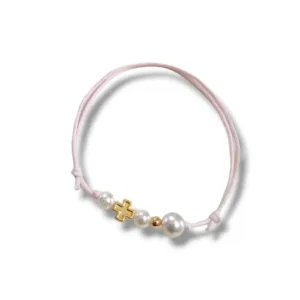 Μαρτυρικά βραχιόλια με ροζ κορδόνι, σταυρό & πέρλες (ελαχ.20τμχ.)