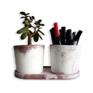 Σετ 3τμχ. 2 τσιμεντένια κασπώ σε οβάλ δίσκο "Marble", Λευκό-Σάπιο μήλο