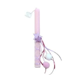 Ροζ αρωματική λαμπάδα με αστέρια και πον πον (30εκ)