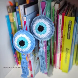 πλεκτό μάτι γαλάζιο μπλε crochet evil eye χειροποίητο δώρο για νεογέννητα loopscrochet.gr