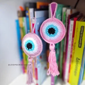 πλεκτό μάτι ροζ σάπιο μήλο crochet evil eye χειροποίητο δώρο για νεογέννητο loopscrochet.gr