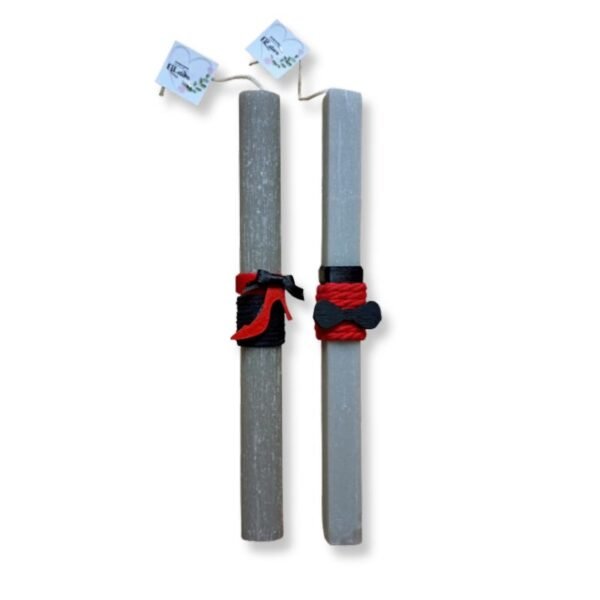 Λαμπάδες για ζευγάρι με στοιχείο παπιγιόν και γόβα σε γκρι κερί 22 εκ.