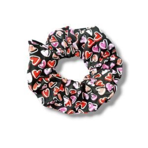 Scrunhie μαύρο βαμβακερό με καρδούλες ροζ κόκκινες
