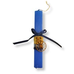 Κοντή λαμπάδα πλακέ μπλε αρωματική, με ξύλινο ποδήλατο,19εκ