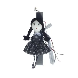 Πασχαλινή λαμπάδα με υφασμάτινη κούκλα με μαύρα μαλλιά