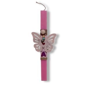 Λαμπάδα πλακέ ροζ με ξύλινη κρεμαστή πεταλούδα και μονόγραμμα (32x3)