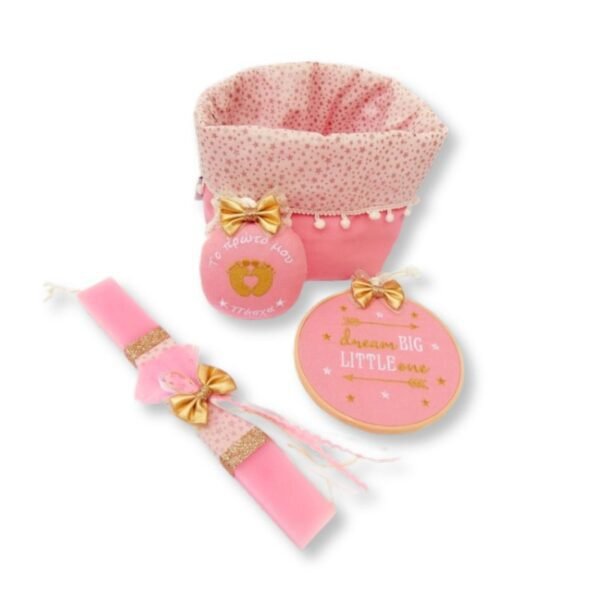 Σετ Λαμπάδα ''Tο πρώτο μου Πάσχα" με υφασμάτινο καλάθι & τελάρο, Ροζ