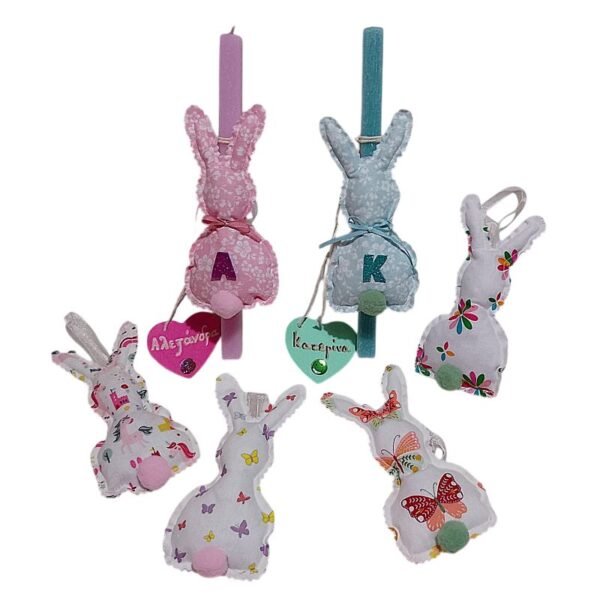 Λαμπάδα με Χειροποίητο Λαγουδάκι με Μονόγραμμα, Τετράγωνη Ξυστή Ροζ ή Βεραμάν