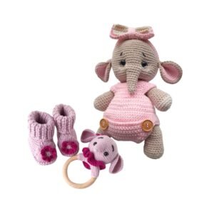 Σετ πλεκτό ελεφαντάκι amigurumi, κουδουνίστρα και παπουτσάκια αγκαλιάς