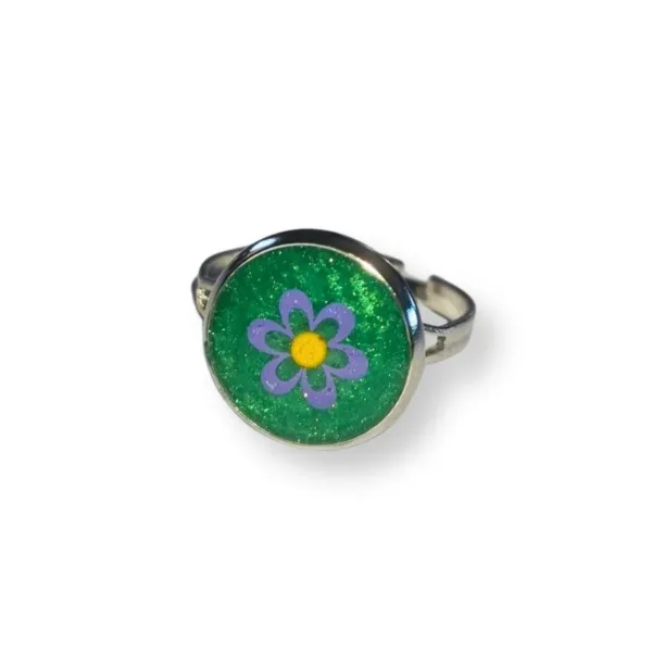 Παιδικό Δαχτυλίδι ρυθμιζόμενο από υγρό γυαλί, Μωβ Λουλουδάκι