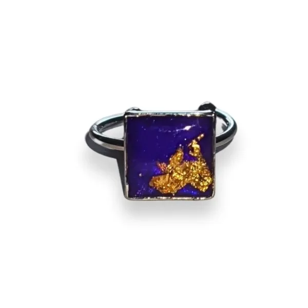 Δαχτυλίδι από υγρό γυαλί τετράγωνο, Μωβ με φύλλα χρυσού