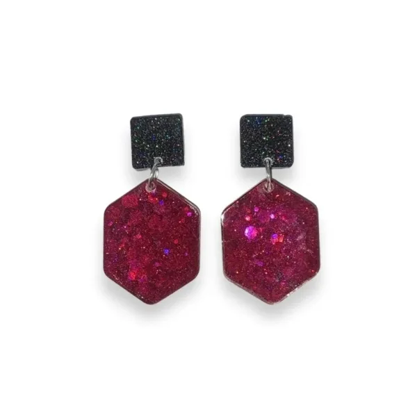 Καρφωτά σκουλαρίκια εξάγωνα, Φούξια χρώμα με ολογραφικό γκλίτερ