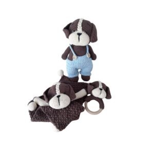 Πλεκτό Σετ Δώρου - Amigurumi, Πανάκι παρηγοριάς & Κουδουνίστρα, Σκυλάκι