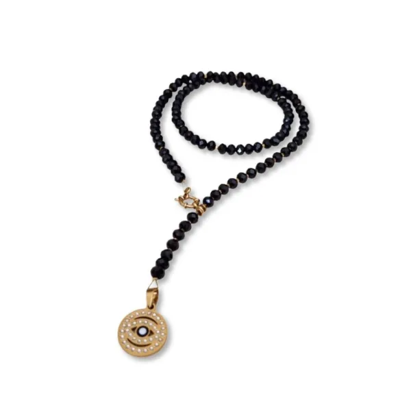 Κολιέ με μαύρα και χρυσά κρύσταλλα & ατσάλινο μάτι με στρας