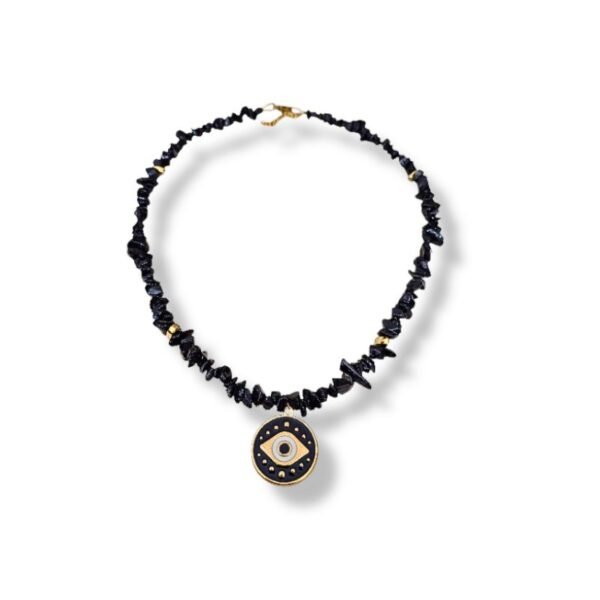 Κολιέ με μαύρη πέτρα και αιματίτη, με ατσάλινο χρυσό - μαύρο μάτι με σμάλτο