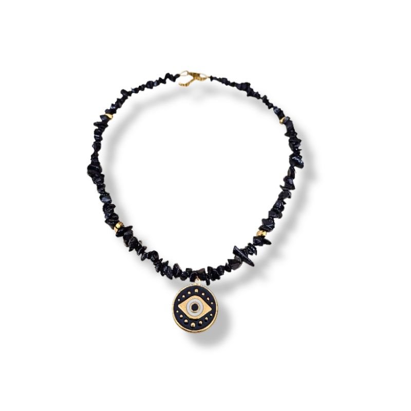 Xeiropoiito kolie me mavrh petra kai aimatith atsalino xryso kai mayro mati me smalto-by Christine only