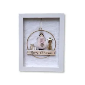 Ξύλινο λευκό καδράκι με Χριστουγεννιάτικα σχέδια