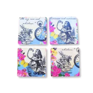 Σετ 4 Χειροποίητα Σουβέρ "Αλίκη στη Χώρα των Θαυμάτων", Ιδιαίτερο Vintage Δώρο "Alice In Wonderland" Για Κάθε Περίπτωση.