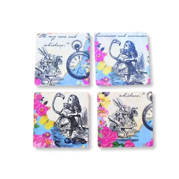 Σετ 4 Χειροποίητα Σουβέρ "Αλίκη στη Χώρα των Θαυμάτων", Ιδιαίτερο Vintage Δώρο "Alice In Wonderland" Για Κάθε Περίπτωση.