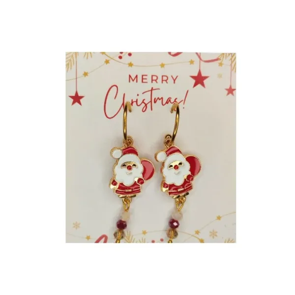 Σκουλαρίκια κρίκος και μπίλια, όπου κρέμεται στο καθένα ένας Άγιος Βασίλης ολόσωμος, αλλά περισσότερο φαίνεται το κεφάλι του. Κάτω από τον Άγιο Βασίλη κρέμονται τρία κρυσταλλάκια μπεζ θολό-κόκκινο- μπεζ διάφανο.