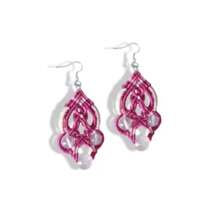 Γυναικεία σκουλαρίκια μακραμέ Ροζ - Λευκό με ημιπολύτιμες πέτρες