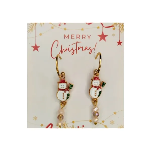 Σκουλαρίκια, όπου η βάση είναι κρίκος με μπίλια και κρέμεται ένας χιονάνθρωπος. Από τον χιονάνθρωπο κρέμονται με χρυσή γράνα -τις οποίας το τελείωμα είναι μπίλια,- τρία κρυσταλλάκια σε αποχρώσεις του μπεζ, όπου το μεσαίο είναι διάνο μπεζ.