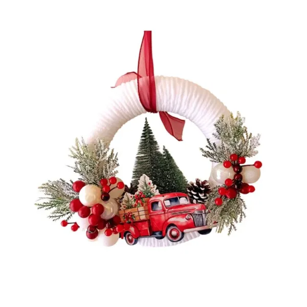 Λευκό Διακοσμητικό Στεφάνι με Κόκκινο Χριστουγεννιάτικο Αυτοκινητάκι