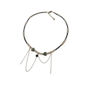 Κολιέ με χάντρες αιματίτες και ατσάλινη αλυσίδα