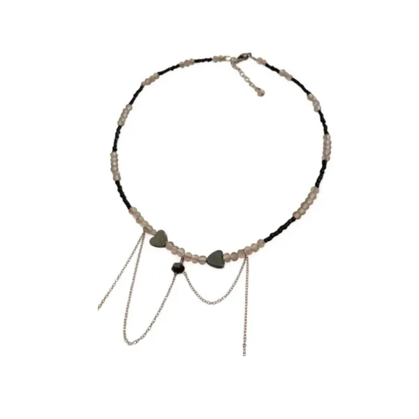 Κολιέ με χάντρες αιματίτες και ατσάλινη αλυσίδα