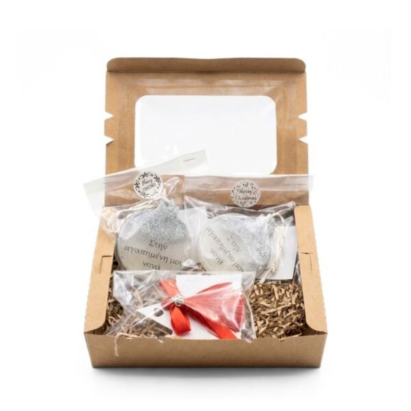 Σετ γούρι από πορσελάνη με δύο χριστουγεννιάτικες μπάλες με αφιέρωση από υγρό γυαλί