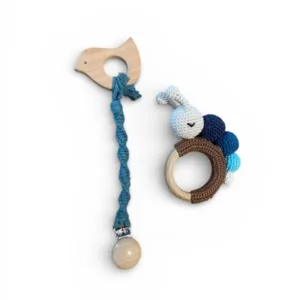 Σετ κουδουνίστρα κάμπια και κλιπ πιπίλας με ξύλινο μασητικό