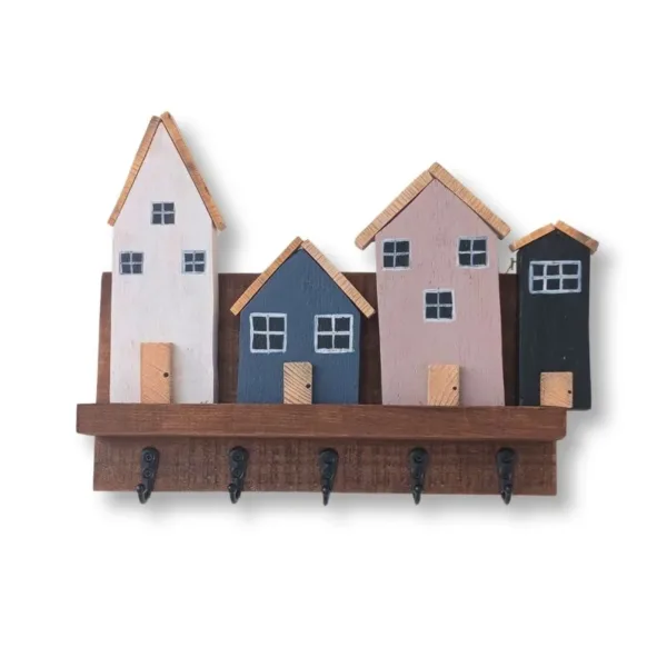 Ξύλινη Κλειδοθήκη με Σπιτάκια (27*21*6)