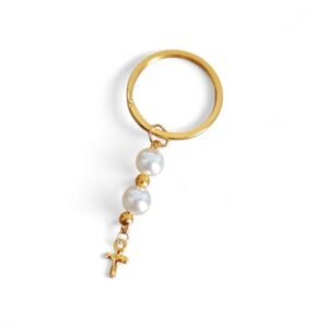 Μπρελόκ Μαρτυρικό Βάπτισης με Λευκές Χάντρες & Χρυσό Σταυρό (ελαχ.25 τμχ.)