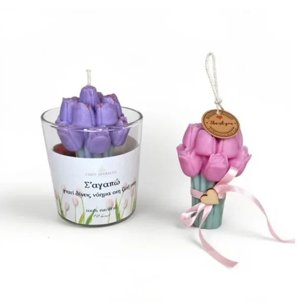 Σετ δώρου Αγίου Βαλεντίνου με τουλίπες σε δοχείο και σε διακοσμητικό από κερί σόγιας