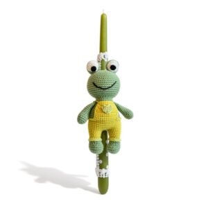 Παιδική Λαμπάδα με πλεκτό κουκλάκι ''Βατραχάκι με σαλοπέτα'' - ύψος 40εκ.
