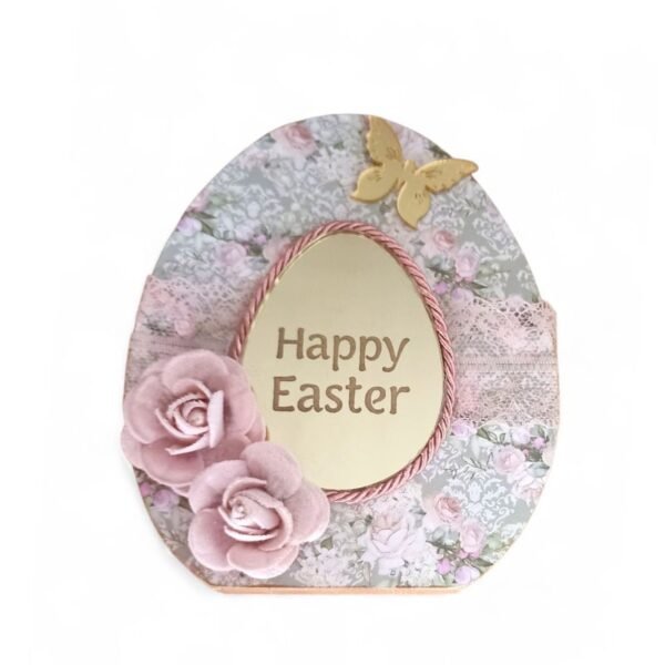 Ξύλινο Διακοσμητικό Αυγό “Happy Easter” με Πλέξιγκλας Πεταλούδα