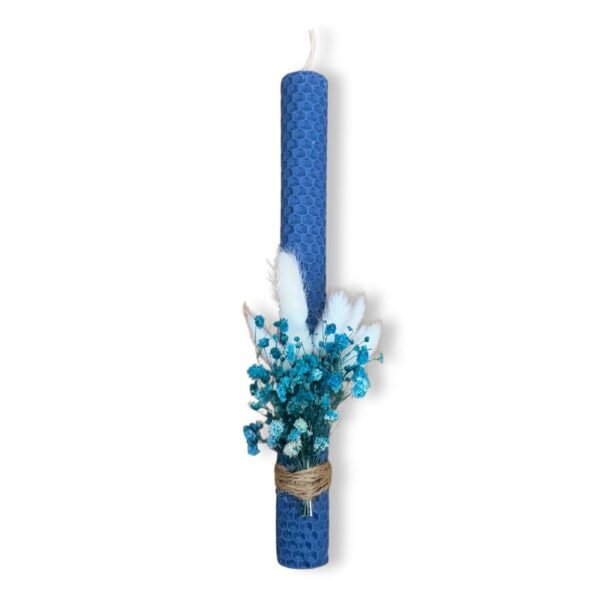 Λαμπάδα μελισσοκέρι σε Μπλε χρώμα με Λουλούδια