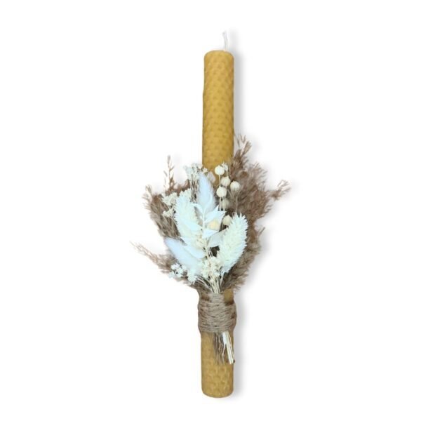 Λαμπάδα μελισσοκέρι σε φυσικό χρώμα με λευκά Λουλούδια