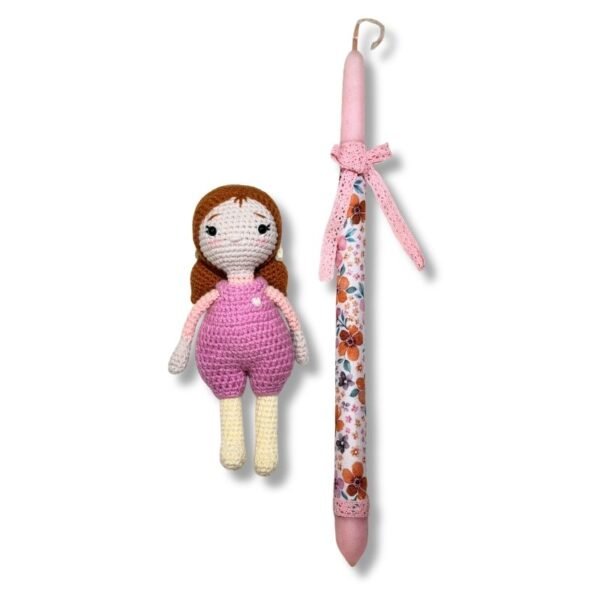 Πασχαλινή Λαμπάδα με πλεκτή κούκλα ''Κοριτσάκι με σαλοπέτα'' (35εκ.)