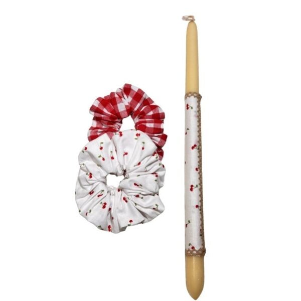 Πασχαλινή Λαμπάδα με δύο scrunchies, κόκκινα κερασάκια (35εκ.)