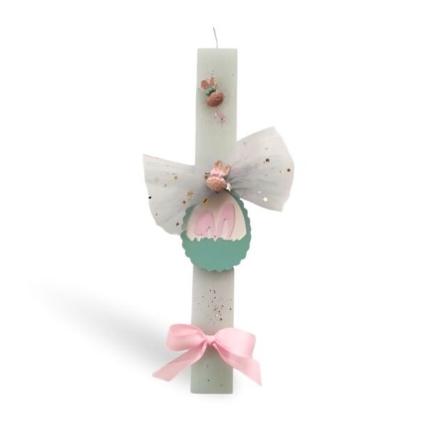 Παιδική πασχαλινή λαμπάδα με πορσελάνινο λαγουδάκι και παστέλ λεπτομέρειες (30εκ)