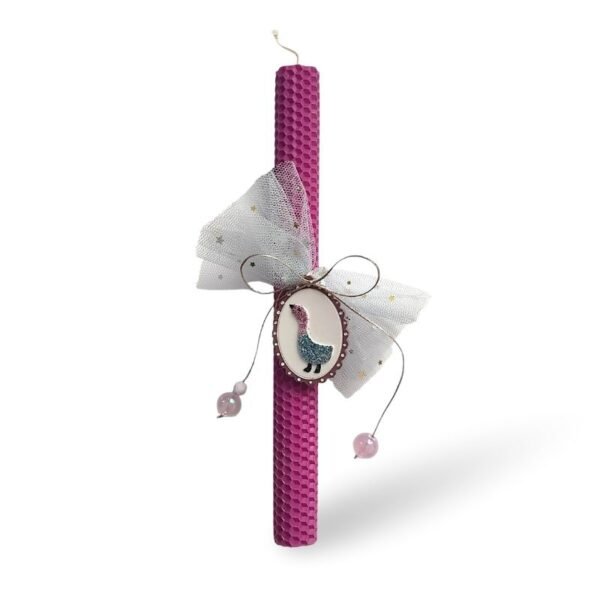 Πασχαλινή λαμπάδα φούξια με πορσελάνινο διακοσμητικό