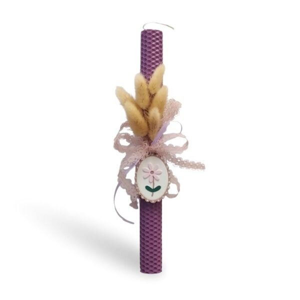 Πασχαλινή λαμπάδα μελισσοκέρι με αποξηραμένα λουλούδια και πορσελάνινο διακοσμητικό