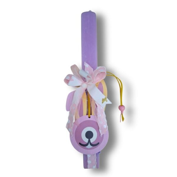 Αρωματική πλακέ λαμπάδα στο χρώμα της λεβάντας με Ξύλινο λαγό σαν μάτι