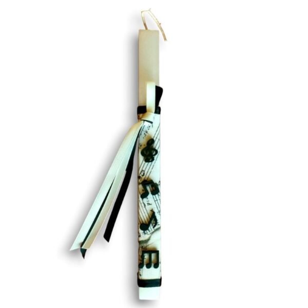 Λαμπάδα με μουσικές ξύλινες νότες σε λευκό αρωματικό κερί (22 εκ.)