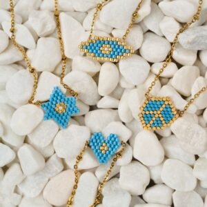 Λεπτό κολιέ miyuki με καρδιά μάτι αστέρι και σύμβολο ειρήνης μπλε The Gem Stories