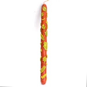 Λαμπάδα κόκκινη από μελισσοκέρι με κέρινα φυλλαράκια