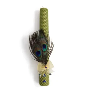 Λαμπάδα μελισσοκέρι σε μεταλλικό πράσινο με φτερά παγονιού