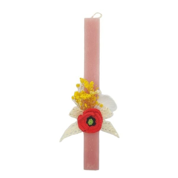 Λαμπάδα με πλεκτή παπαρούνα και αποξηραμένα λουλούδια